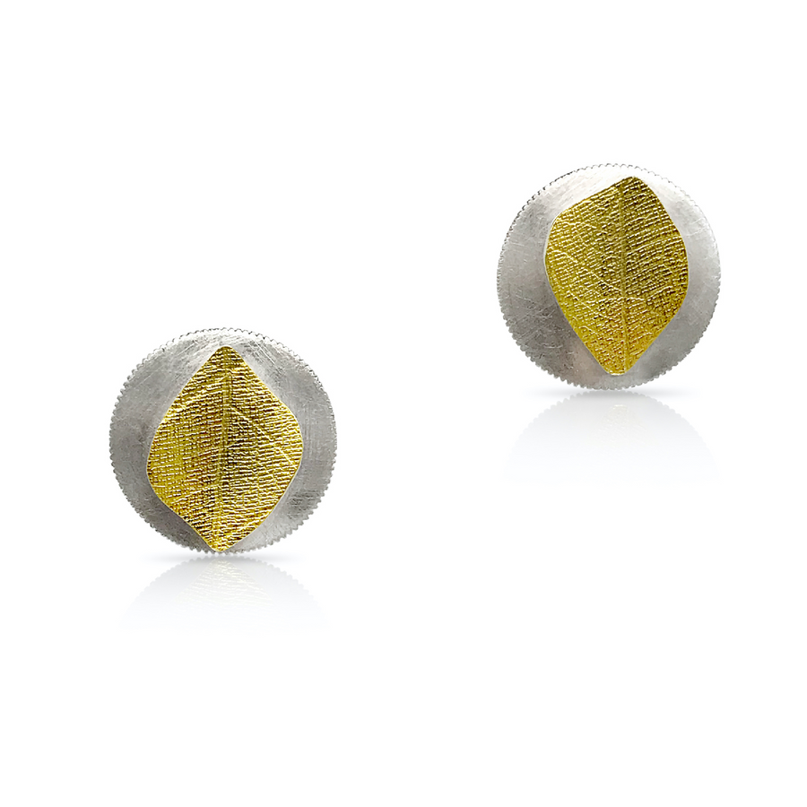 EG-Speiser-jewelry-small-post-earrings-silver-gold-bimetal-leaf-classic-textured-handmade-handcrafted-artisan.